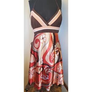 Miss Bisou Paisley Halter Dress Size 7 Brown Coral Stretch Top Satin Bottom